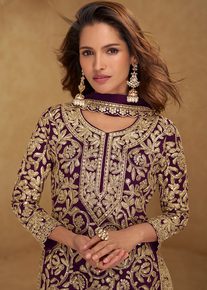 Mulberry Purple Georgette Palazzo Suit with Luxury Embellished Work