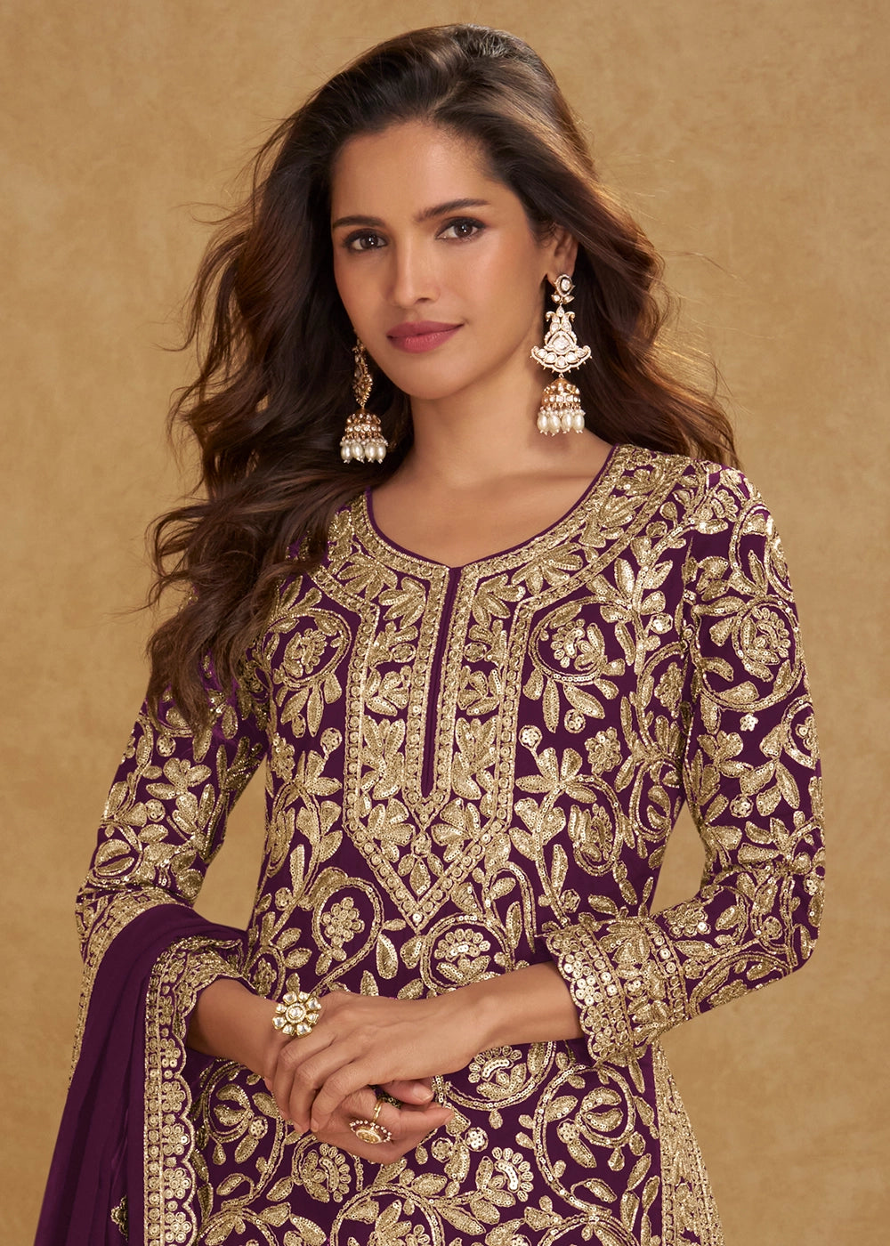 Mulberry Purple Georgette Palazzo Suit with Luxury Embellished Work
