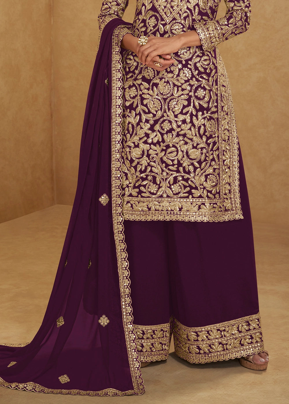 Mulberry Purple Georgette Palazzo Suit with Luxury Embellished Work