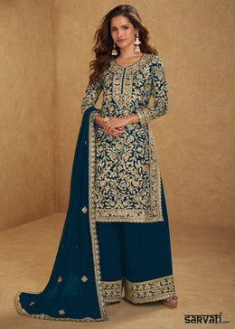 Prussian Blue Georgette Palazzo Suit with Luxury Embellished Work