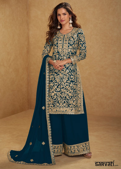 Prussian Blue Georgette Palazzo Suit with Luxury Embellished Work