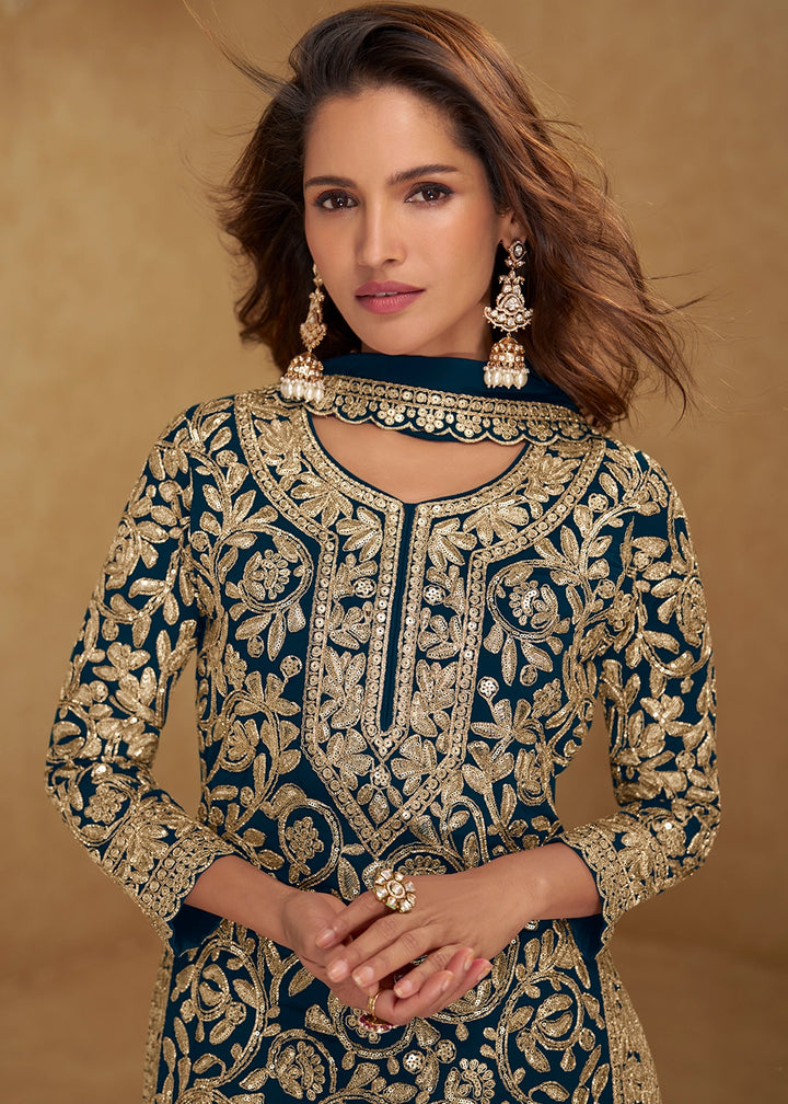 Prussian Blue Georgette Palazzo Suit with Luxury Embellished Work
