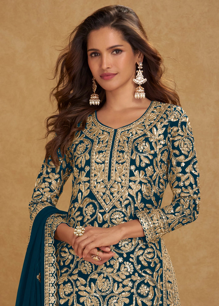 Prussian Blue Georgette Palazzo Suit with Luxury Embellished Work