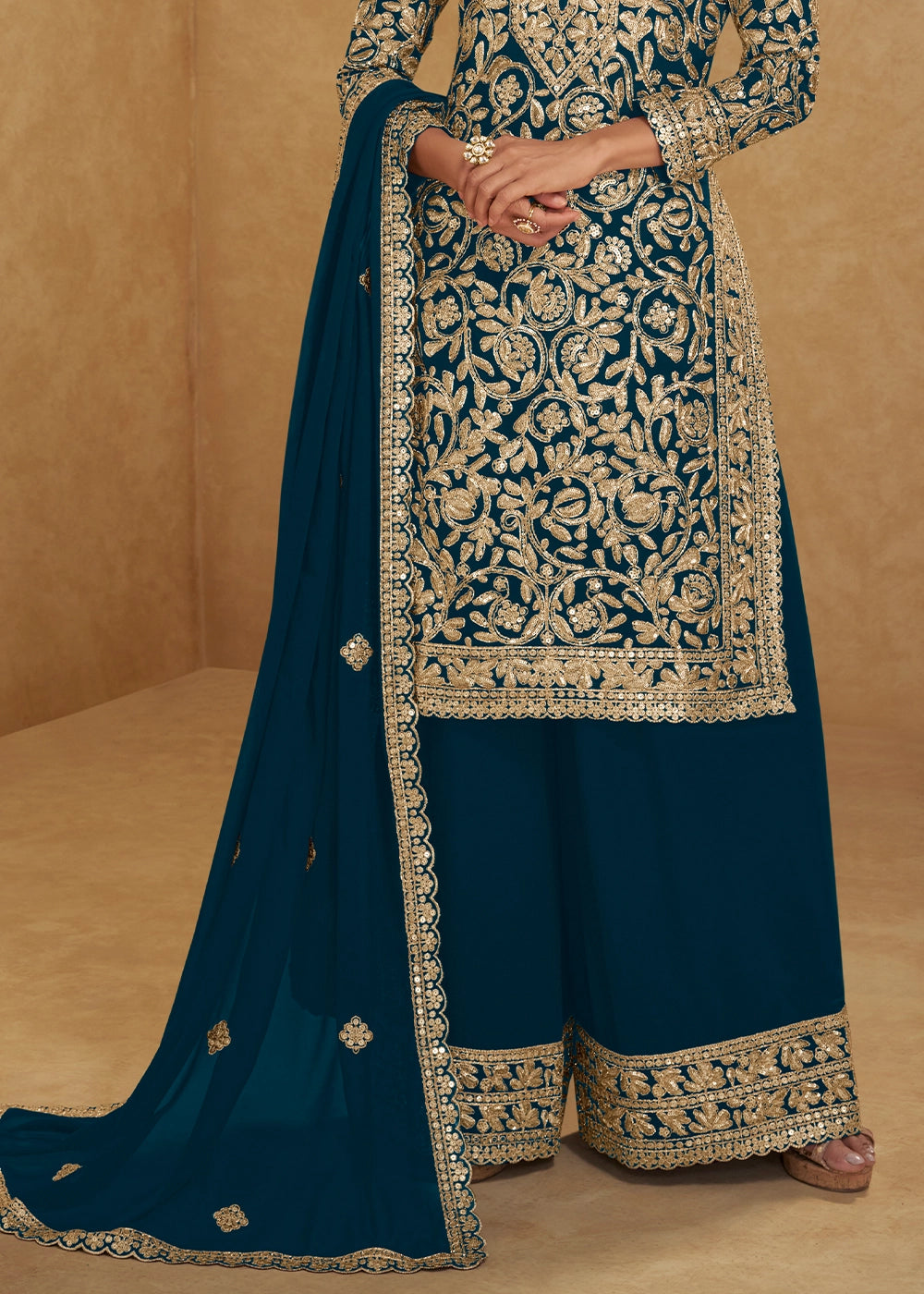 Prussian Blue Georgette Palazzo Suit with Luxury Embellished Work