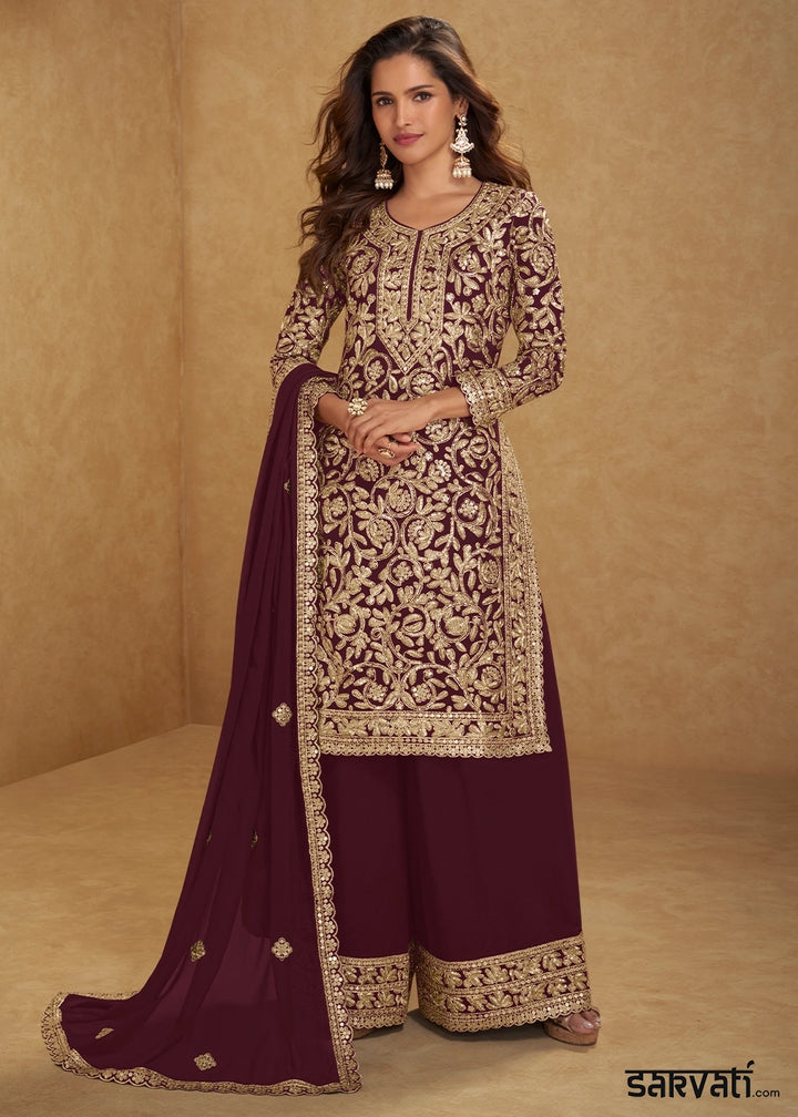 Burnt Umber Brown Georgette Palazzo Suit with Luxury Embellished Work