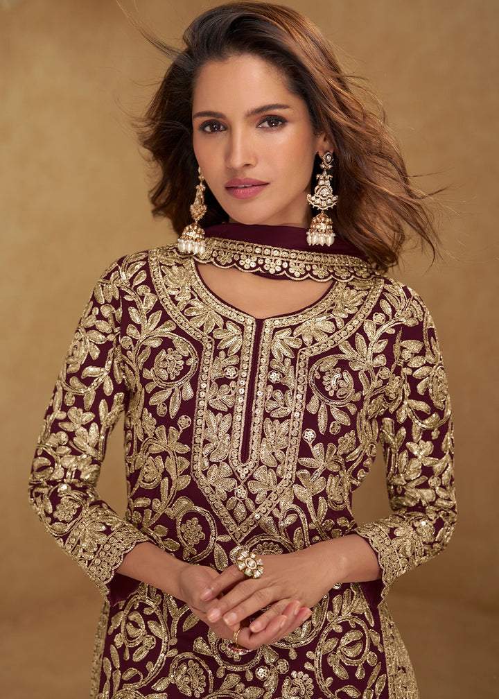 Burnt Umber Brown Georgette Palazzo Suit with Luxury Embellished Work