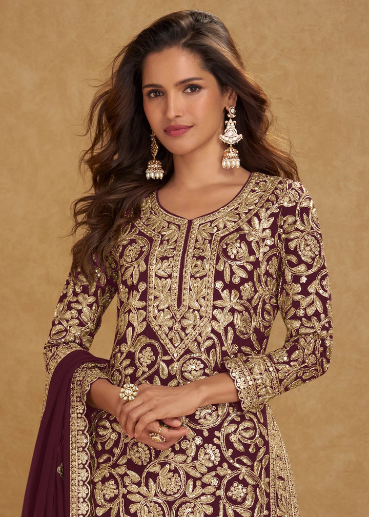 Burnt Umber Brown Georgette Palazzo Suit with Luxury Embellished Work