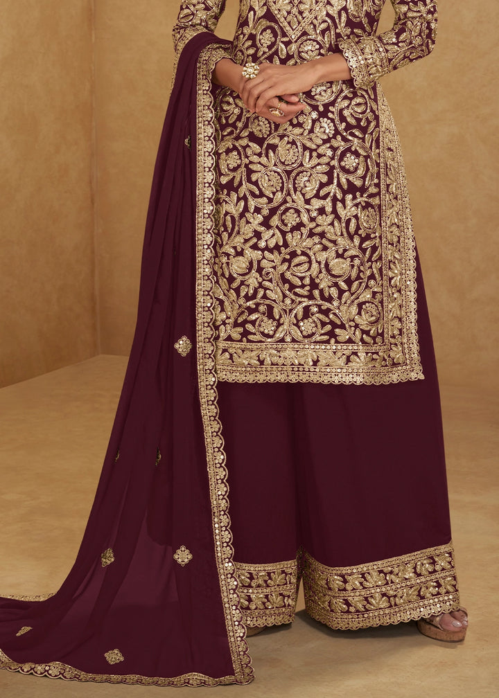 Burnt Umber Brown Georgette Palazzo Suit with Luxury Embellished Work