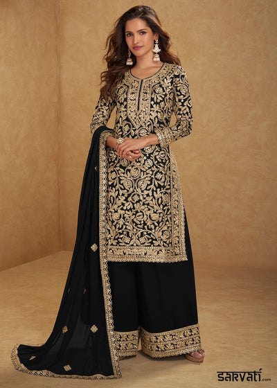 Pitch Black Georgette Palazzo Suit with Luxury Embellished Work