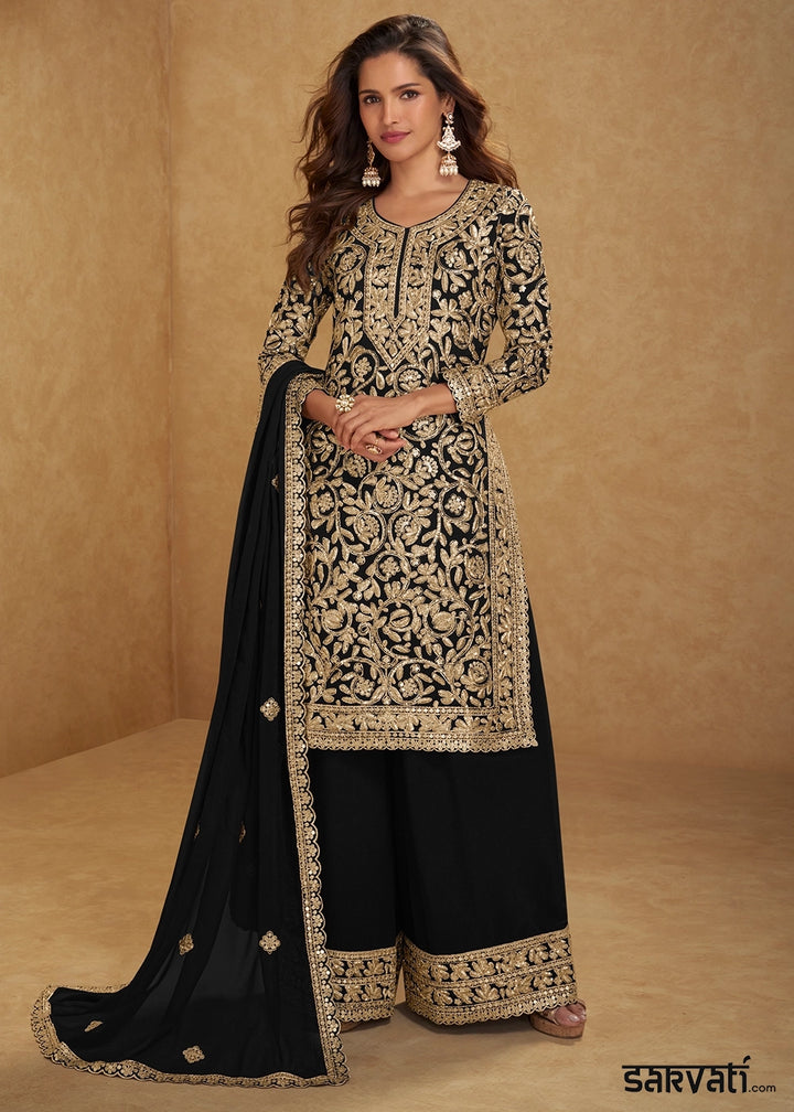 Pitch Black Georgette Palazzo Suit with Luxury Embellished Work