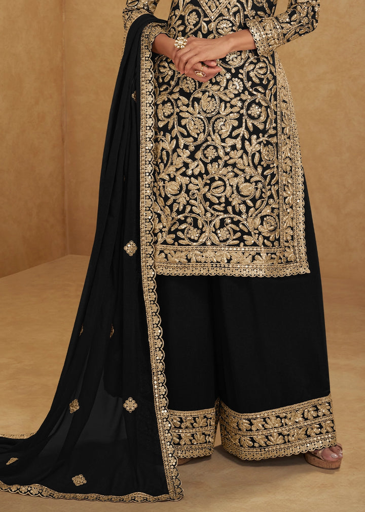 Pitch Black Georgette Palazzo Suit with Luxury Embellished Work