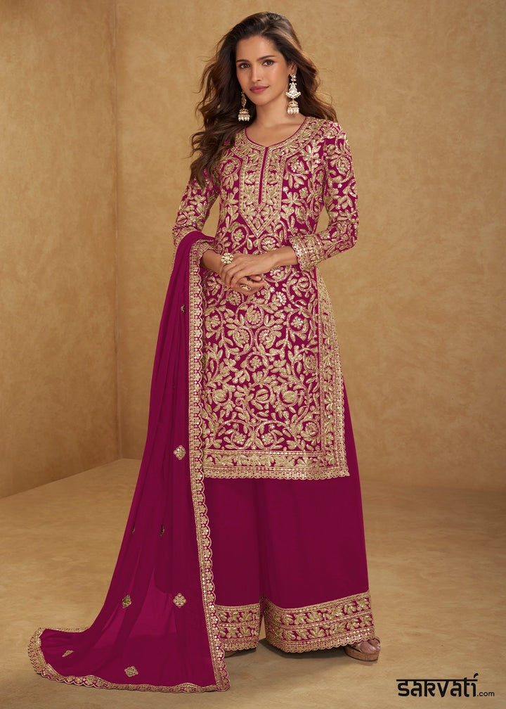 Magenta Pink Georgette Palazzo Suit with Luxury Embellished Work