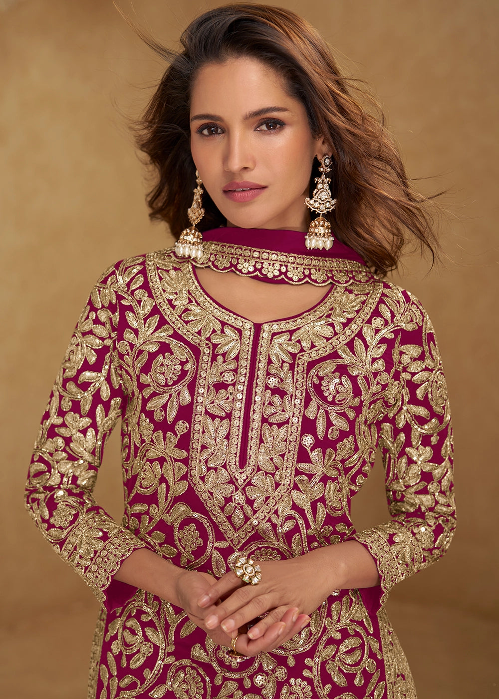 Magenta Pink Georgette Palazzo Suit with Luxury Embellished Work