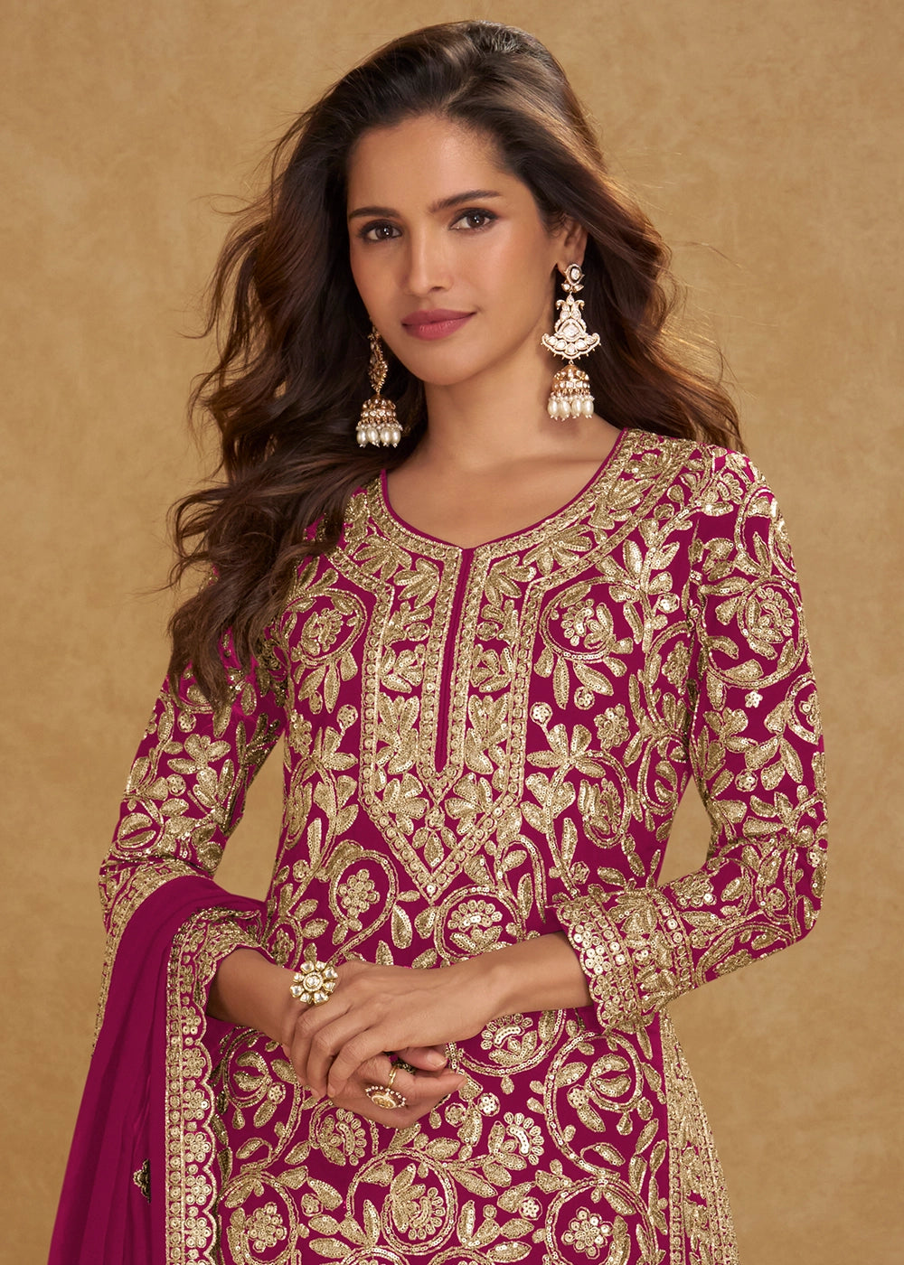 Magenta Pink Georgette Palazzo Suit with Luxury Embellished Work