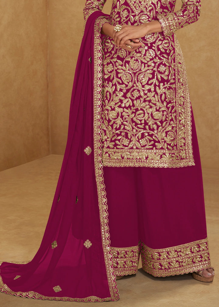 Magenta Pink Georgette Palazzo Suit with Luxury Embellished Work