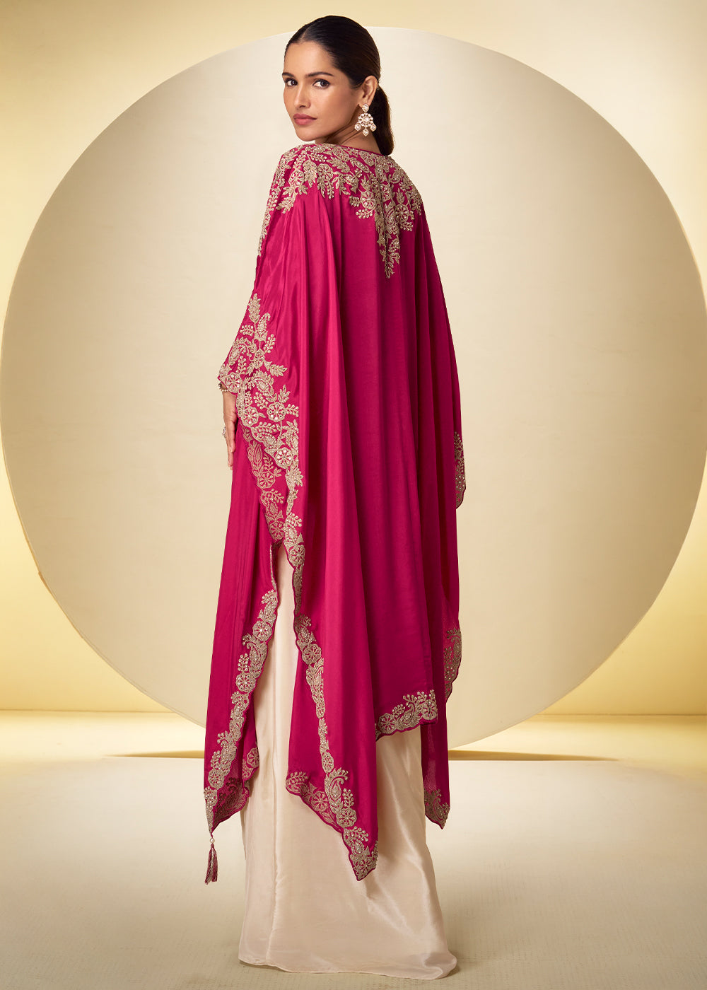 Champagne Gold Fuchsia Pink Chinon Silk Indo Western Suit with Intricate Embroidered Cape