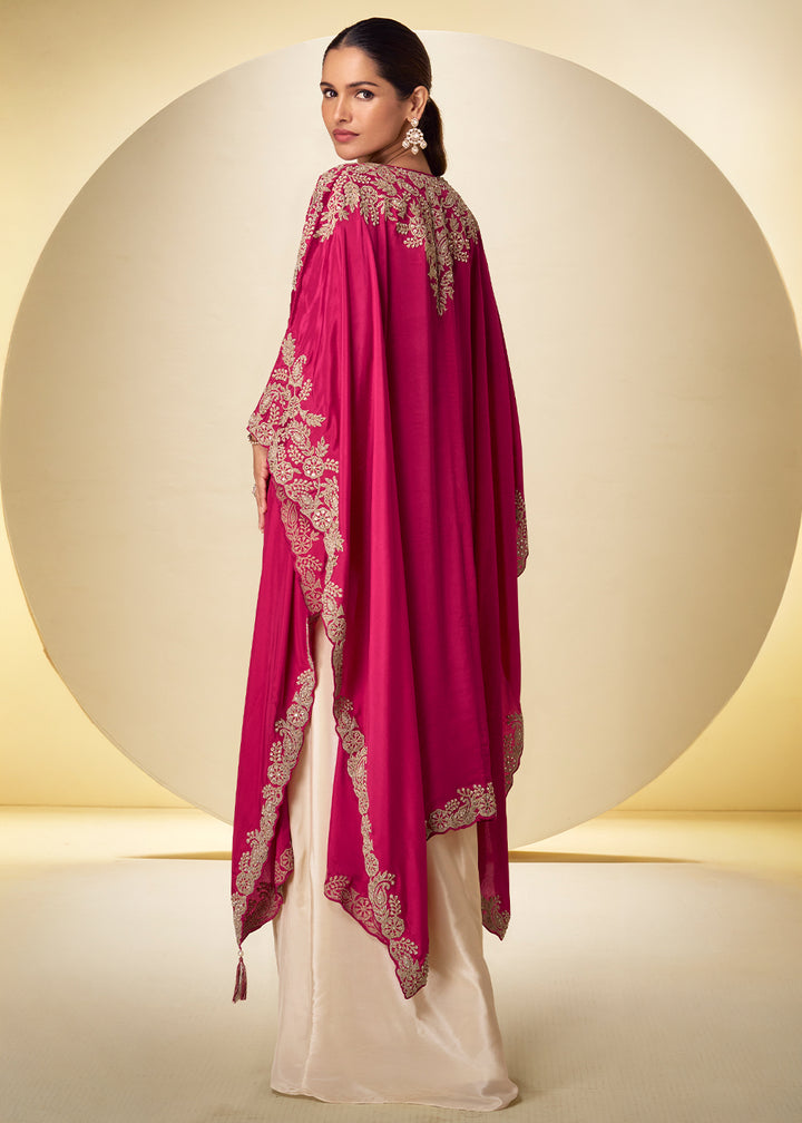 Champagne Gold Fuchsia Pink Chinon Silk Indo Western Suit with Intricate Embroidered Cape
