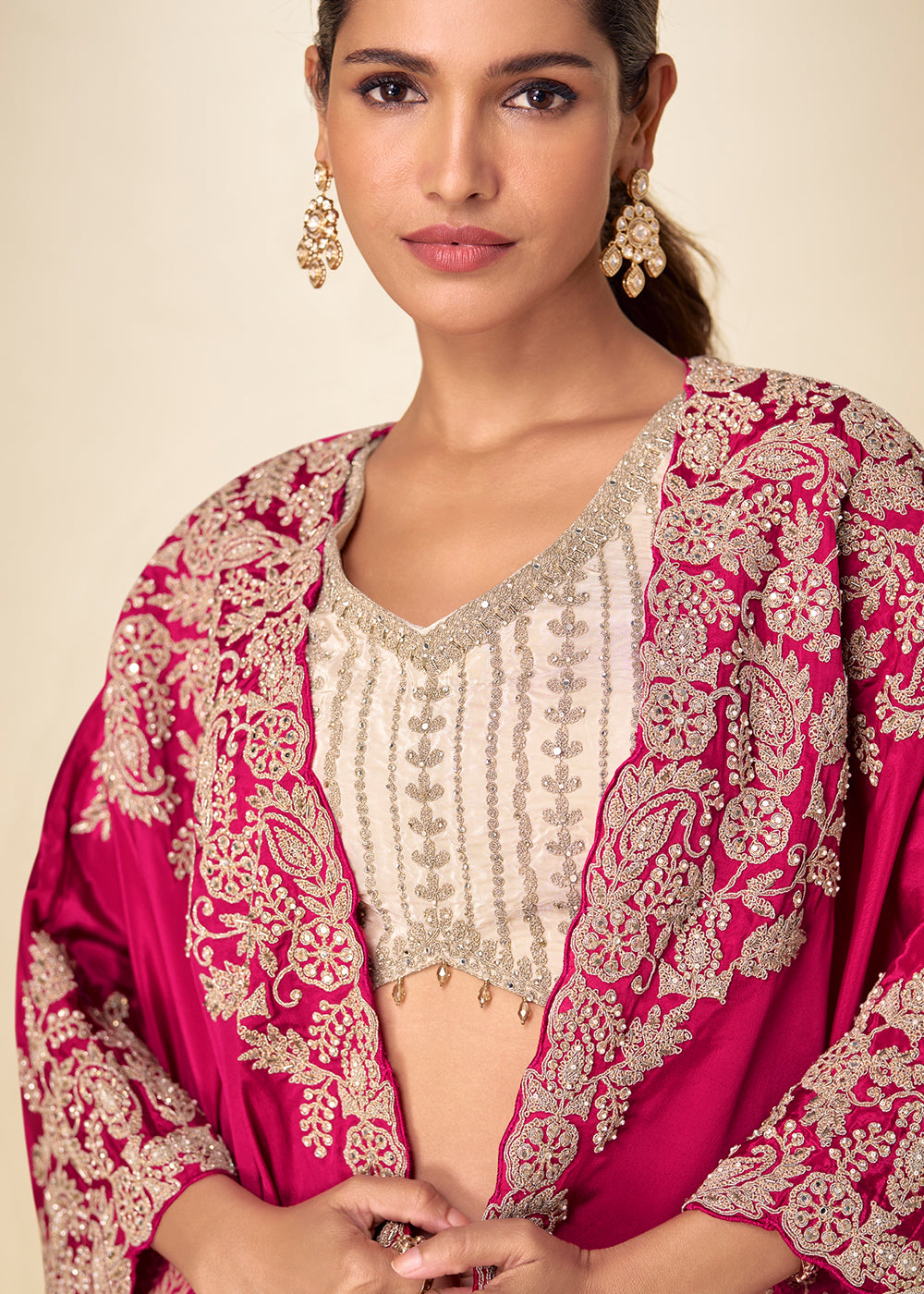 Champagne Gold Fuchsia Pink Chinon Silk Indo Western Suit with Intricate Embroidered Cape