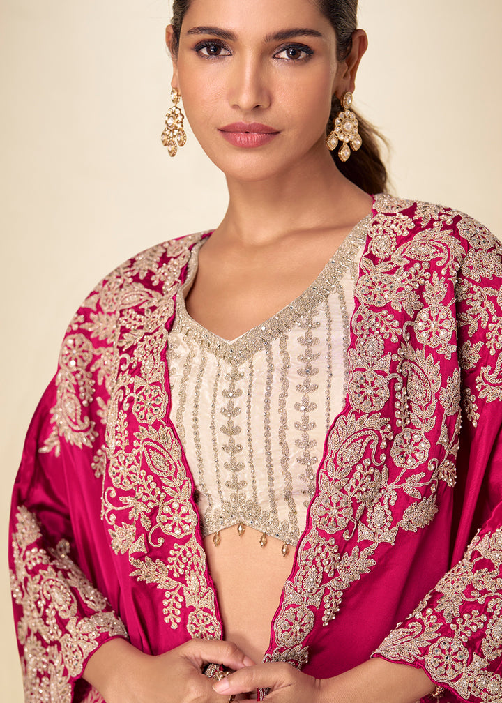 Champagne Gold Fuchsia Pink Chinon Silk Indo Western Suit with Intricate Embroidered Cape