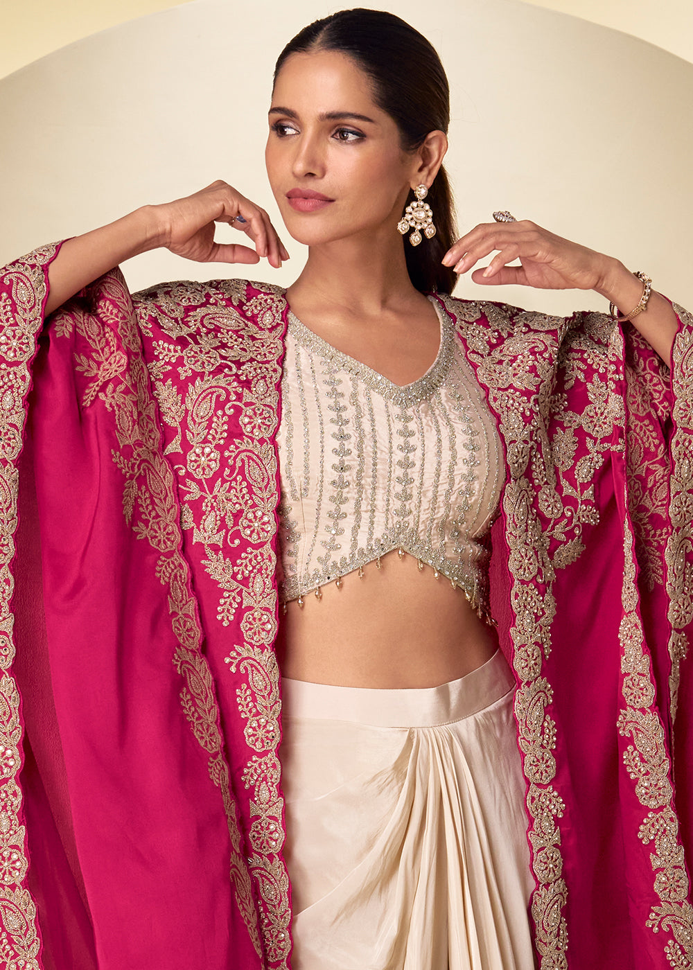 Champagne Gold Fuchsia Pink Chinon Silk Indo Western Suit with Intricate Embroidered Cape