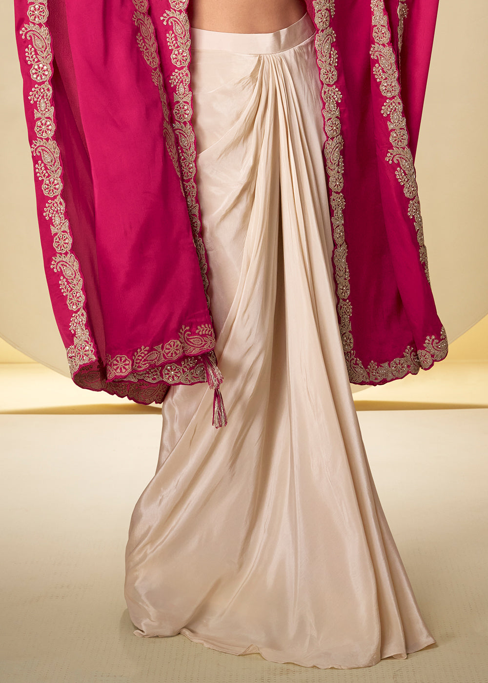 Champagne Gold Fuchsia Pink Chinon Silk Indo Western Suit with Intricate Embroidered Cape