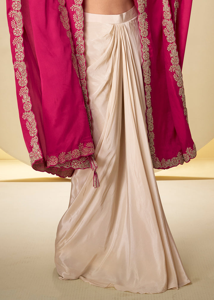 Champagne Gold Fuchsia Pink Chinon Silk Indo Western Suit with Intricate Embroidered Cape