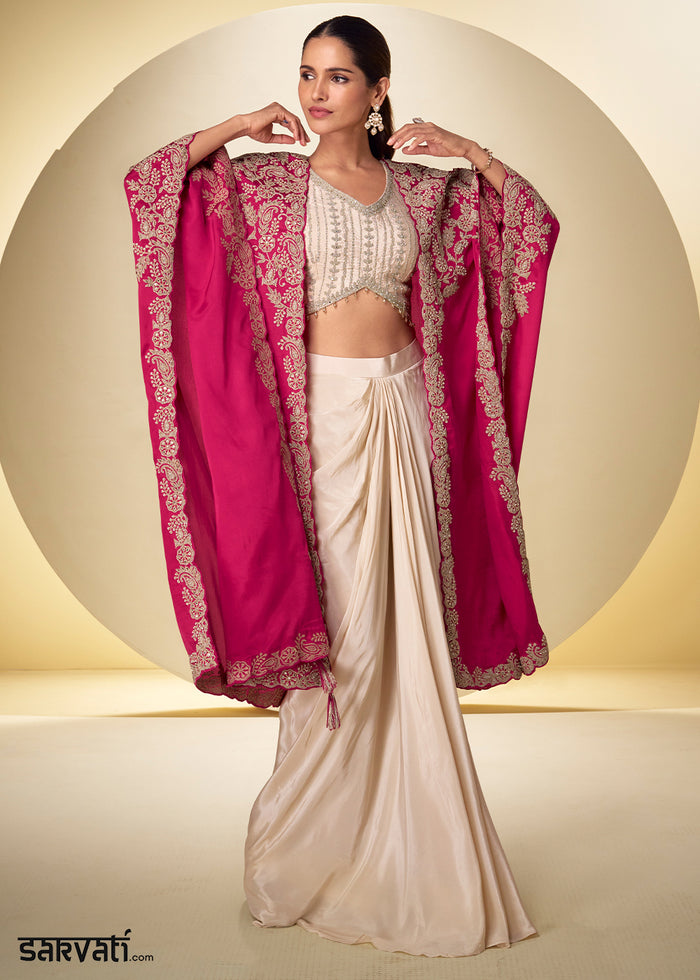 Champagne Gold Fuchsia Pink Chinon Silk Indo Western Suit with Intricate Embroidered Cape