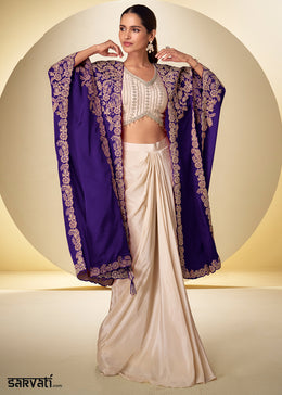 Champagne Gold Violet Blue Chinon Silk Indo Western Suit with Intricate Embroidered Cape