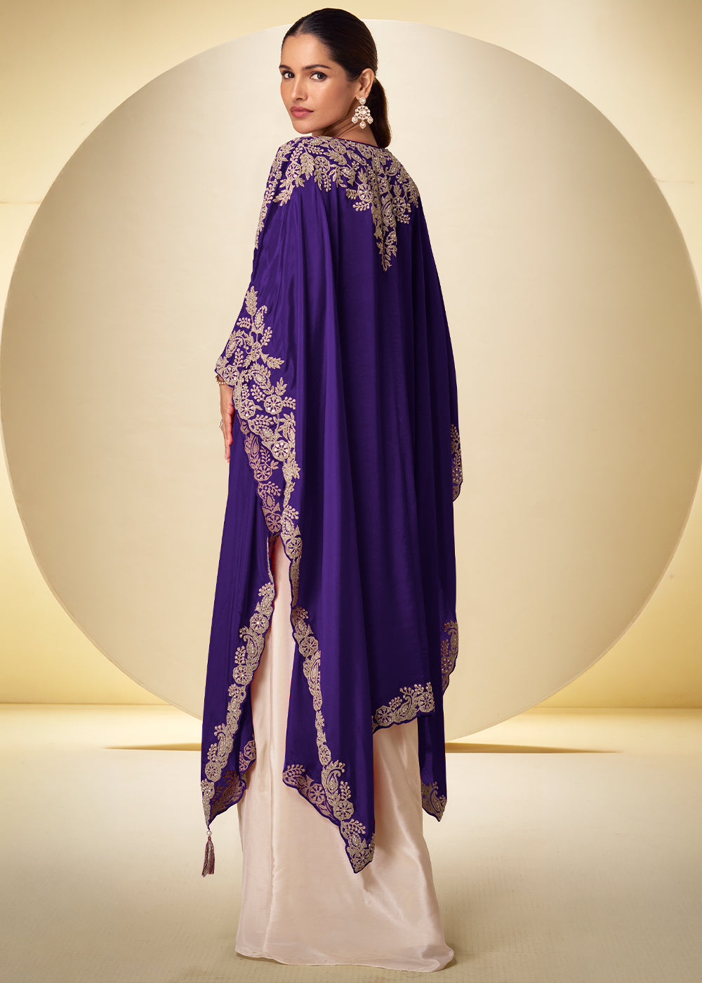 Champagne Gold Violet Blue Chinon Silk Indo Western Suit with Intricate Embroidered Cape