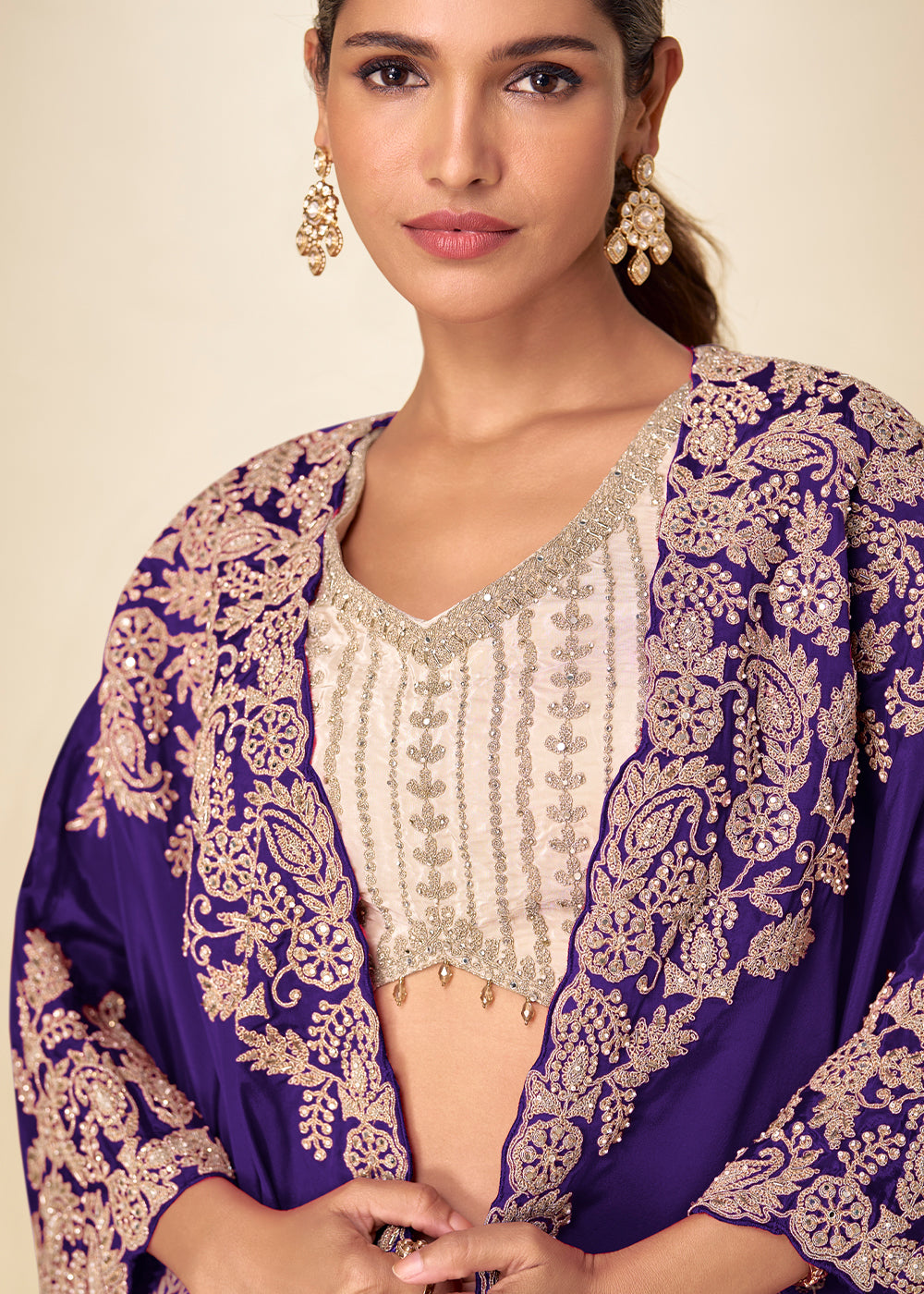 Champagne Gold Violet Blue Chinon Silk Indo Western Suit with Intricate Embroidered Cape