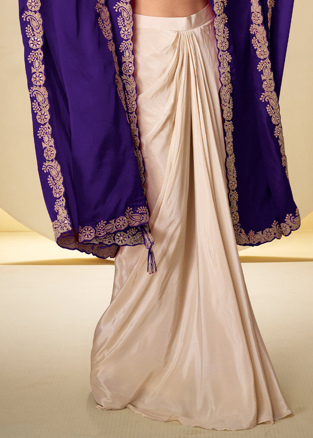 Champagne Gold Violet Blue Chinon Silk Indo Western Suit with Intricate Embroidered Cape