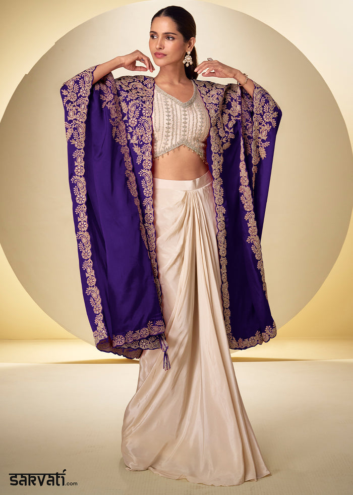 Champagne Gold Violet Blue Chinon Silk Indo Western Suit with Intricate Embroidered Cape