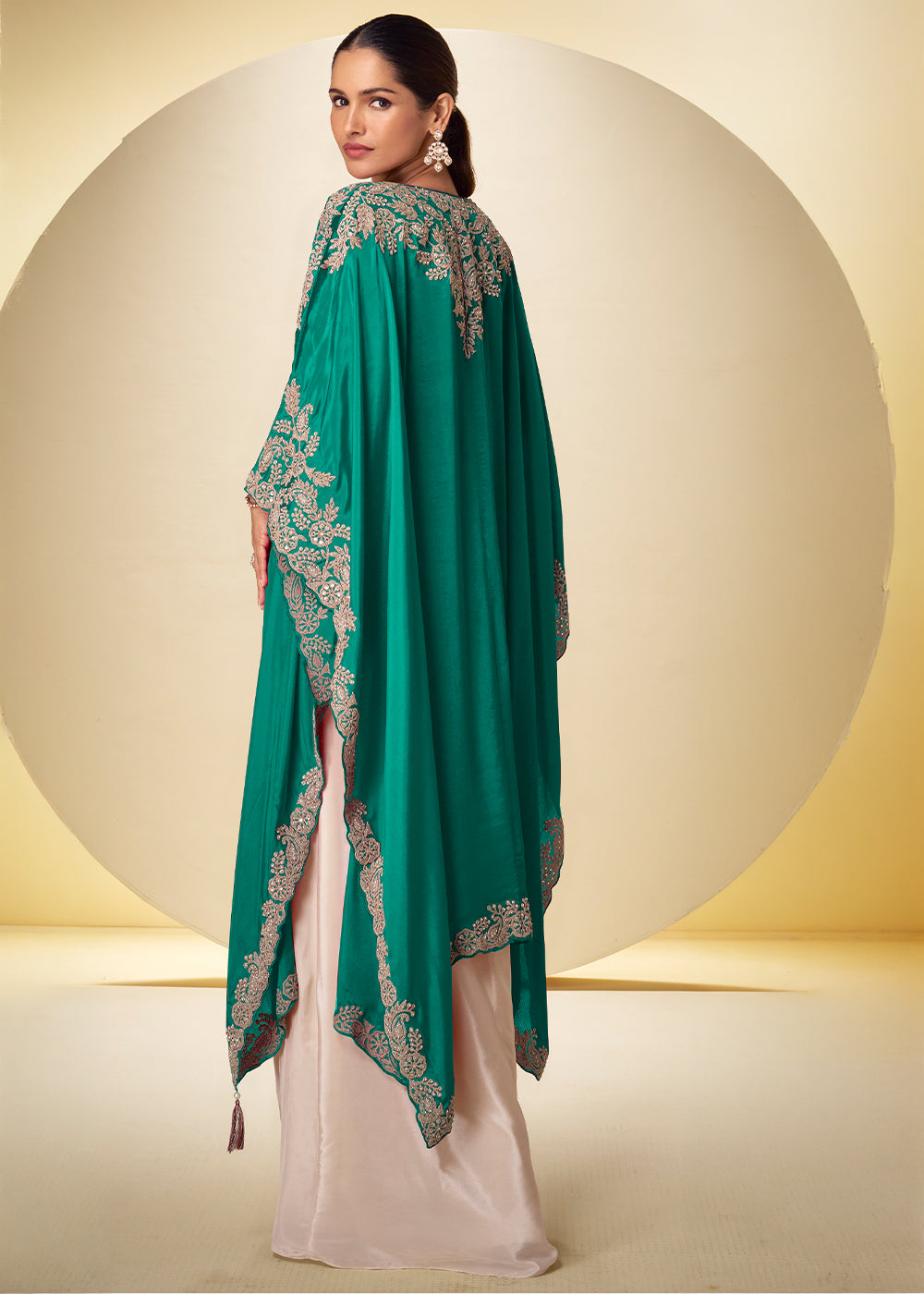 Champagne Gold Emerald Green Chinon Silk Indo Western Suit with Intricately Embroidered Cape