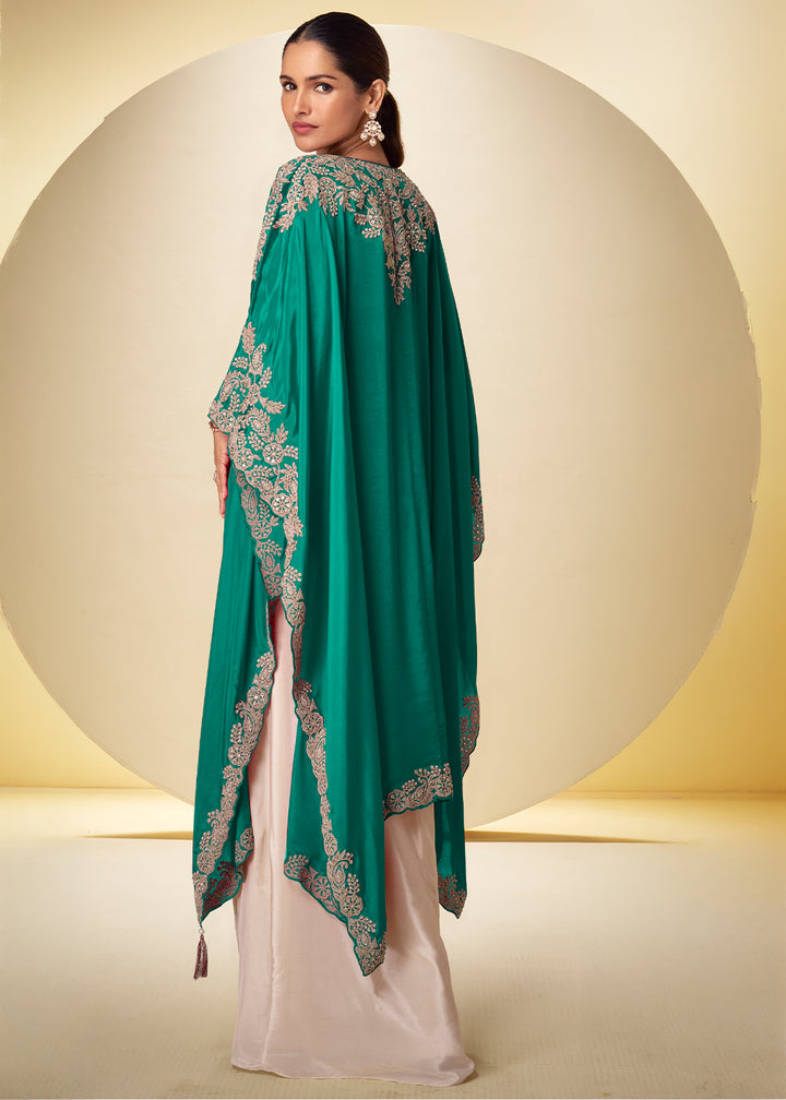 Champagne Gold Emerald Green Chinon Silk Indo Western Suit with Intricately Embroidered Cape