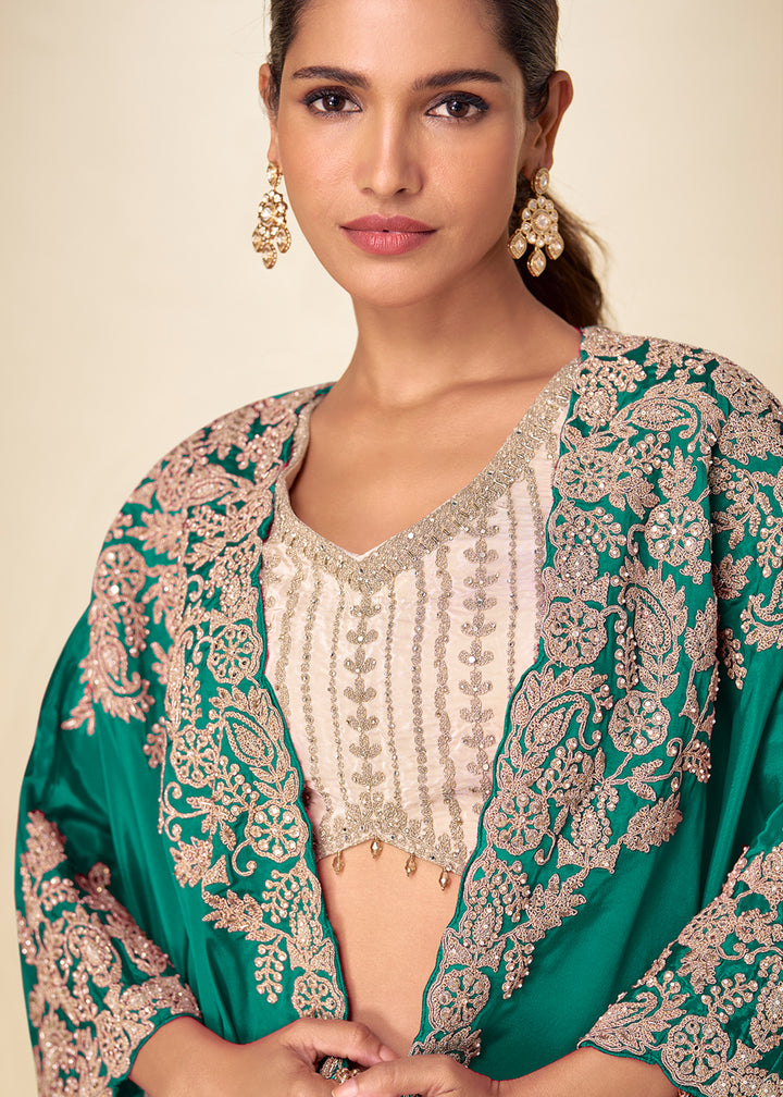 Champagne Gold Emerald Green Chinon Silk Indo Western Suit with Intricately Embroidered Cape