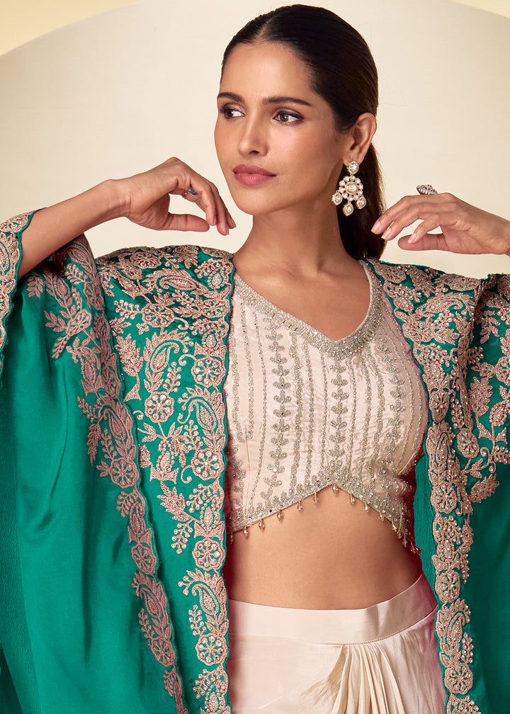 Champagne Gold Emerald Green Chinon Silk Indo Western Suit with Intricately Embroidered Cape