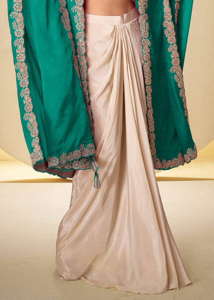 Champagne Gold Emerald Green Chinon Silk Indo Western Suit with Intricately Embroidered Cape