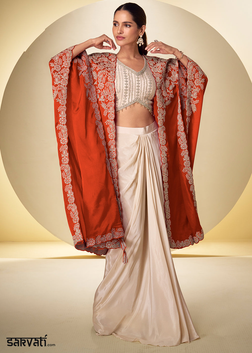Champagne Gold Burnt Orange Chinon Silk Indo Western Suit with Intricately Embroidered Cape