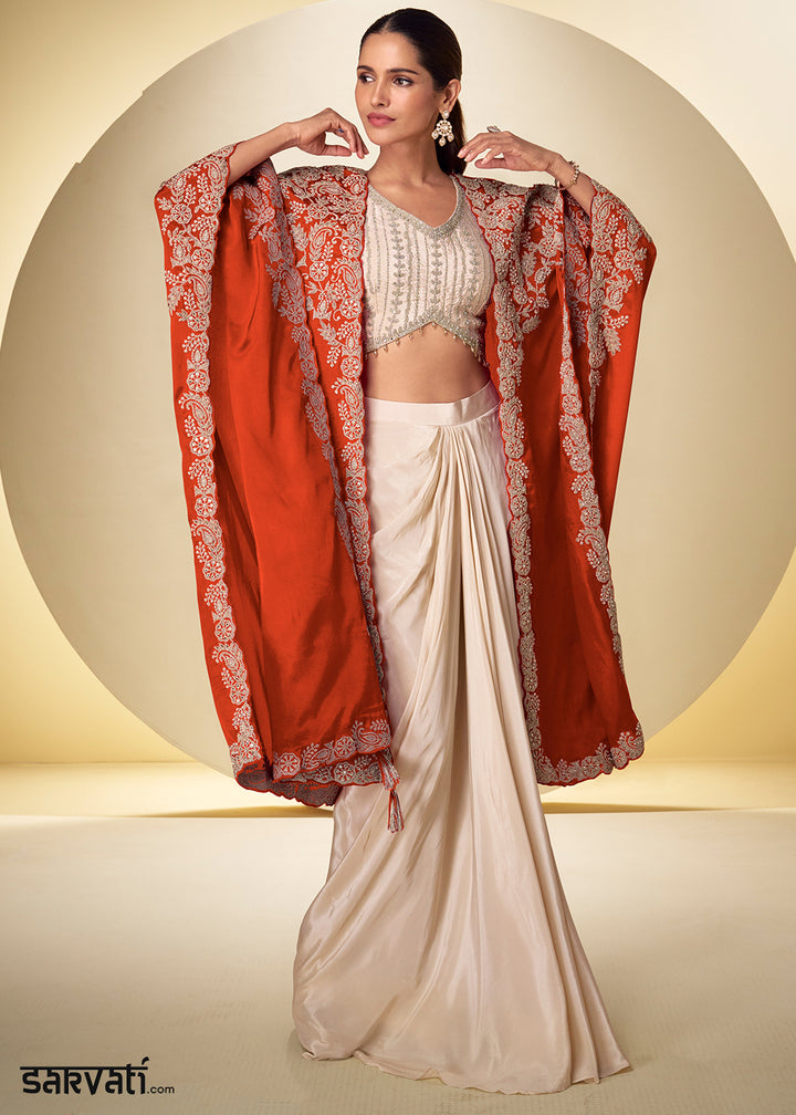 Champagne Gold Burnt Orange Chinon Silk Indo Western Suit with Intricately Embroidered Cape