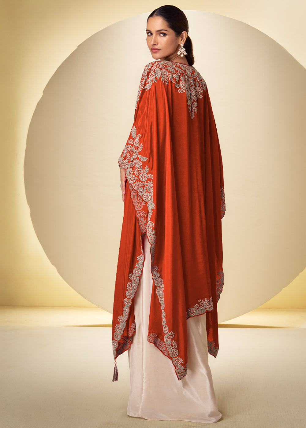 Champagne Gold Burnt Orange Chinon Silk Indo Western Suit with Intricately Embroidered Cape