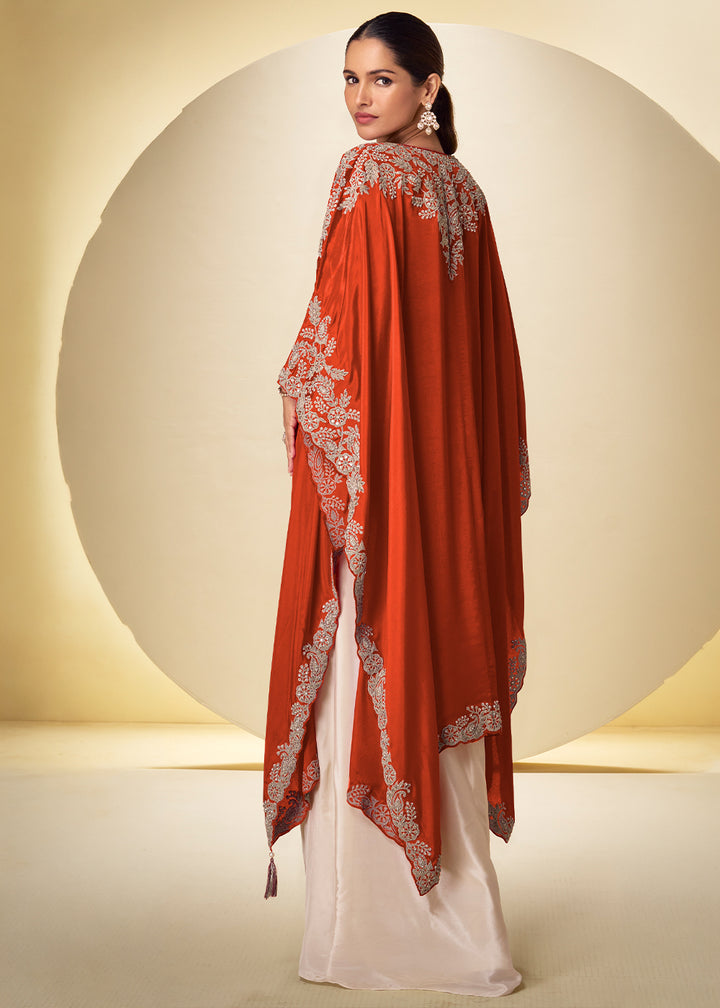 Champagne Gold Burnt Orange Chinon Silk Indo Western Suit with Intricately Embroidered Cape