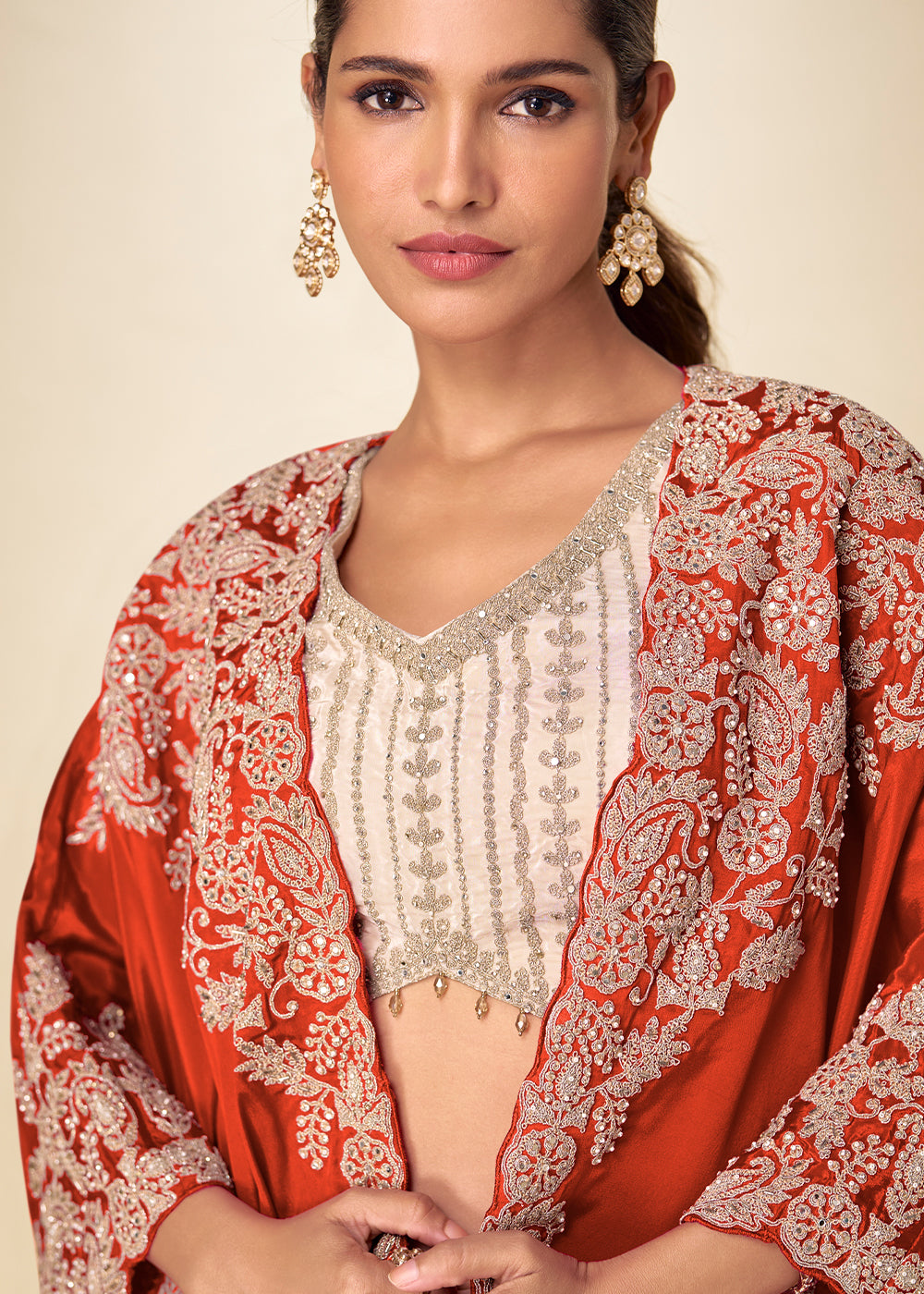 Champagne Gold Burnt Orange Chinon Silk Indo Western Suit with Intricately Embroidered Cape