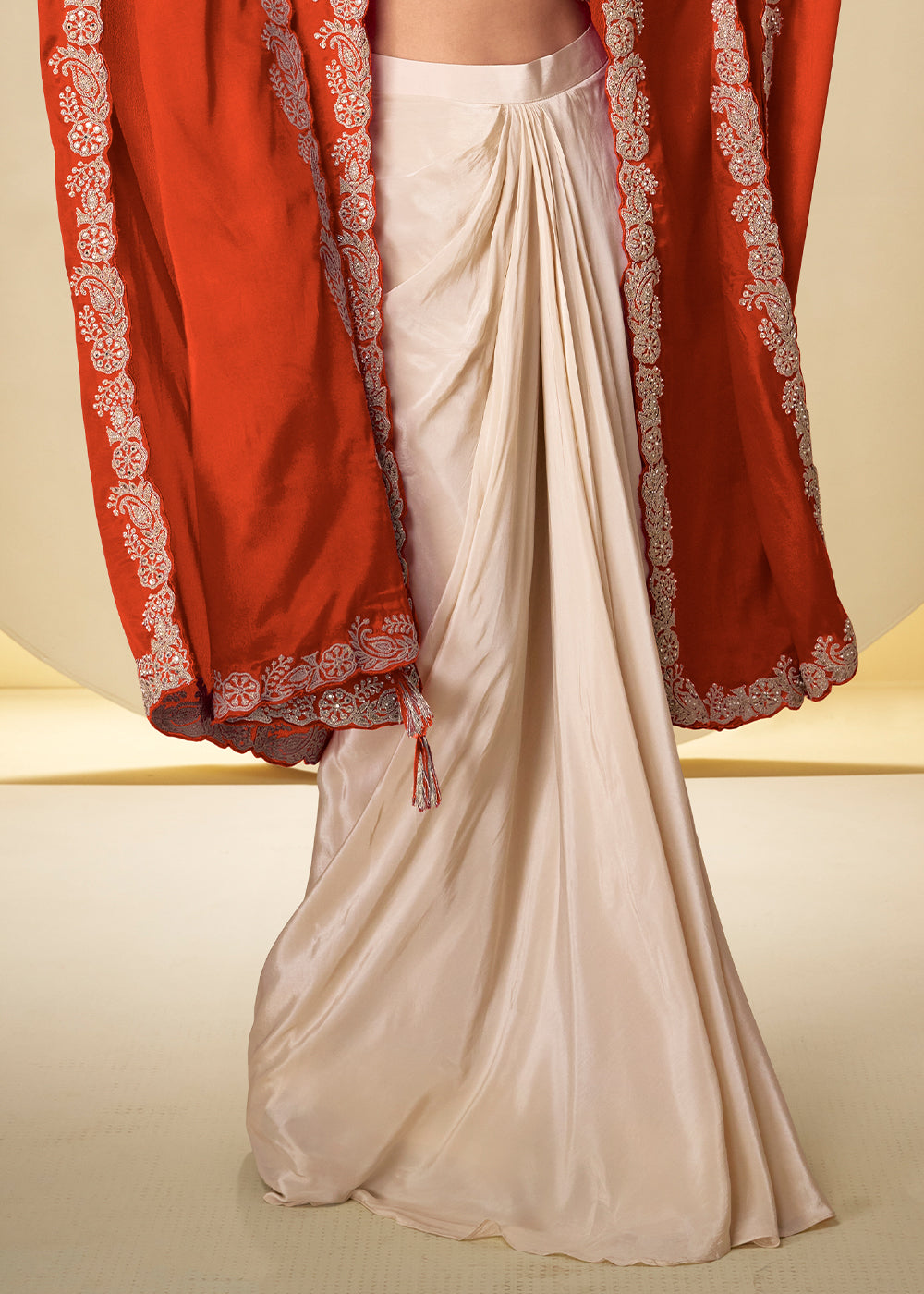 Champagne Gold Burnt Orange Chinon Silk Indo Western Suit with Intricately Embroidered Cape