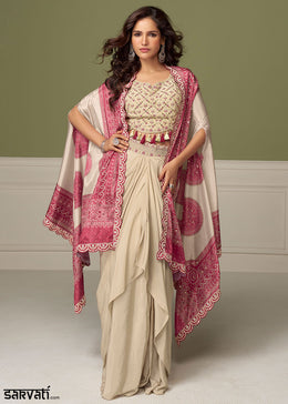 Dark Pink Chinon Silk Indo-Western Suit with Mirror Embellishments