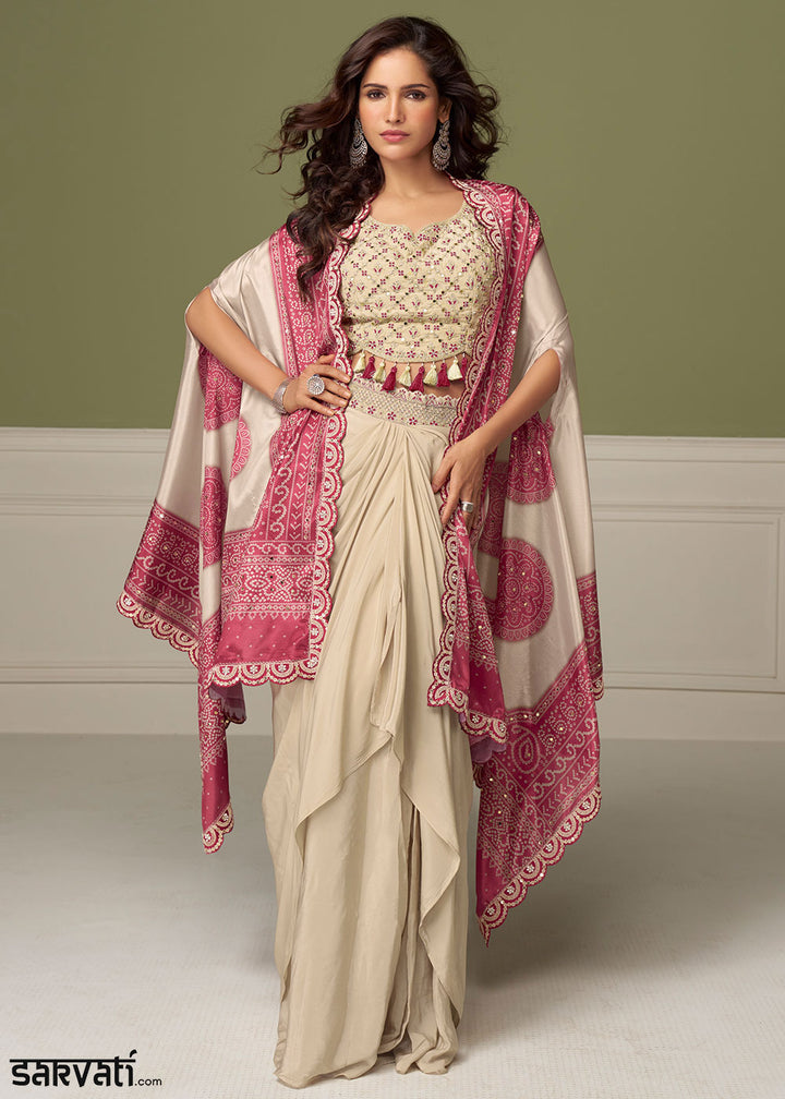 Dark Pink Chinon Silk Indo-Western Suit with Mirror Embellishments