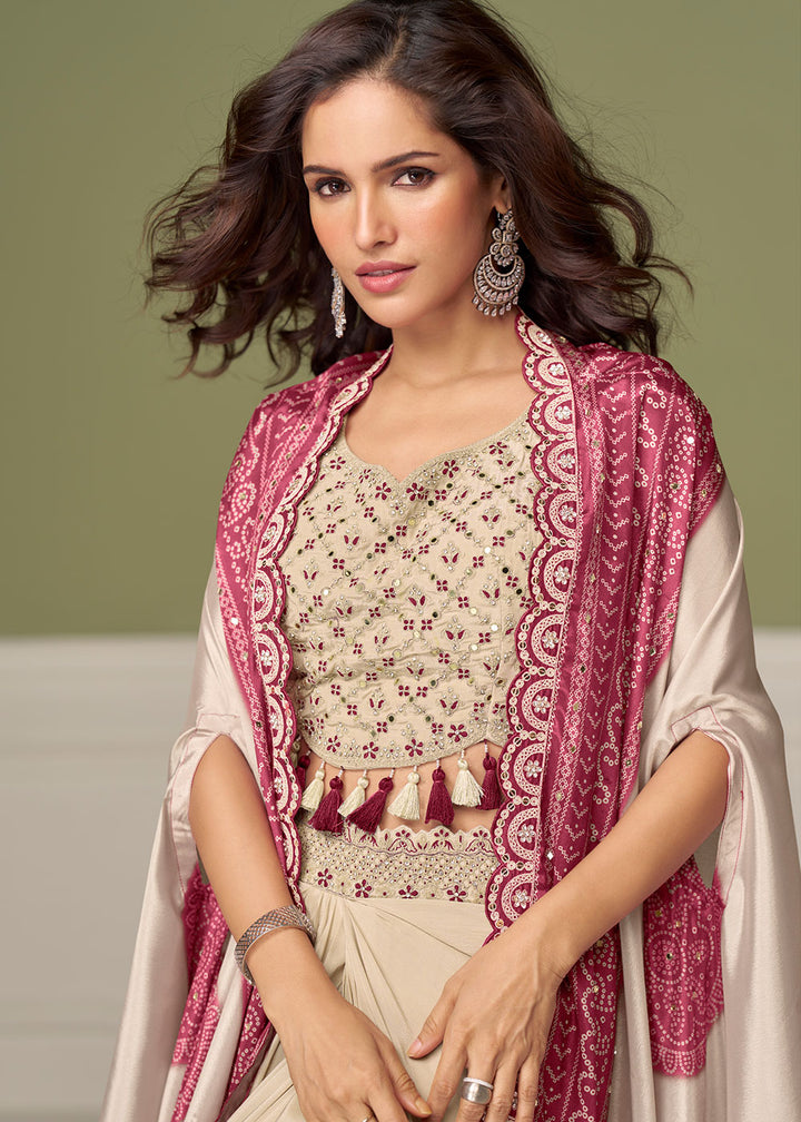 Dark Pink Chinon Silk Indo-Western Suit with Mirror Embellishments