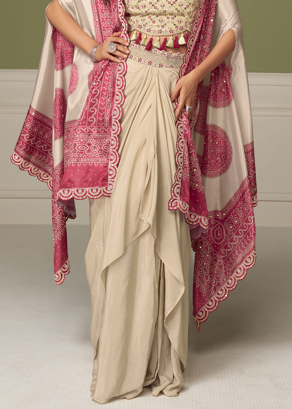 Dark Pink Chinon Silk Indo-Western Suit with Mirror Embellishments