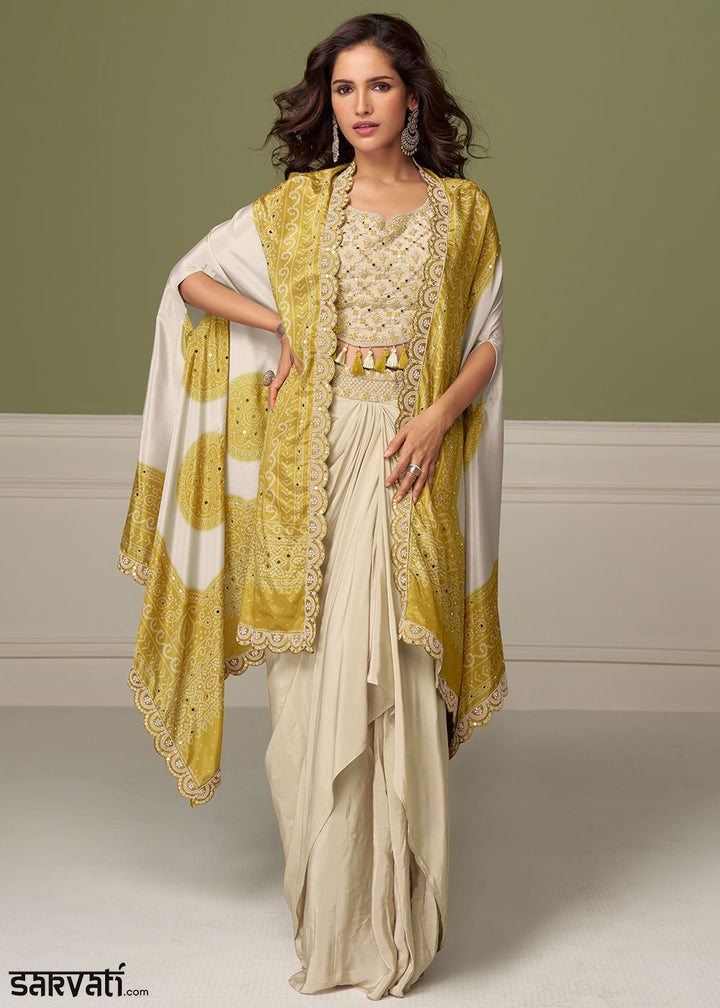 Saffron Yellow Chinon Silk Indo-Western Suit with Mirror Embellishments