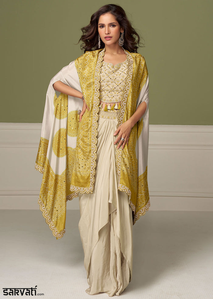 Saffron Yellow Chinon Silk Indo-Western Suit with Mirror Embellishments