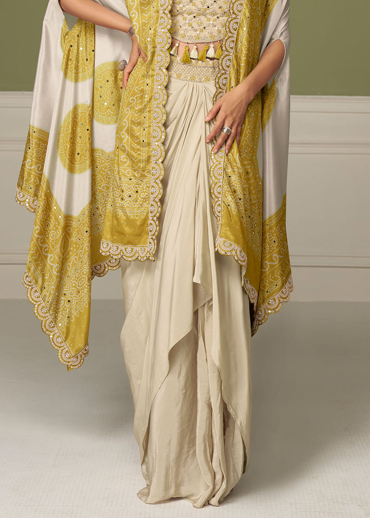 Saffron Yellow Chinon Silk Indo-Western Suit with Mirror Embellishments